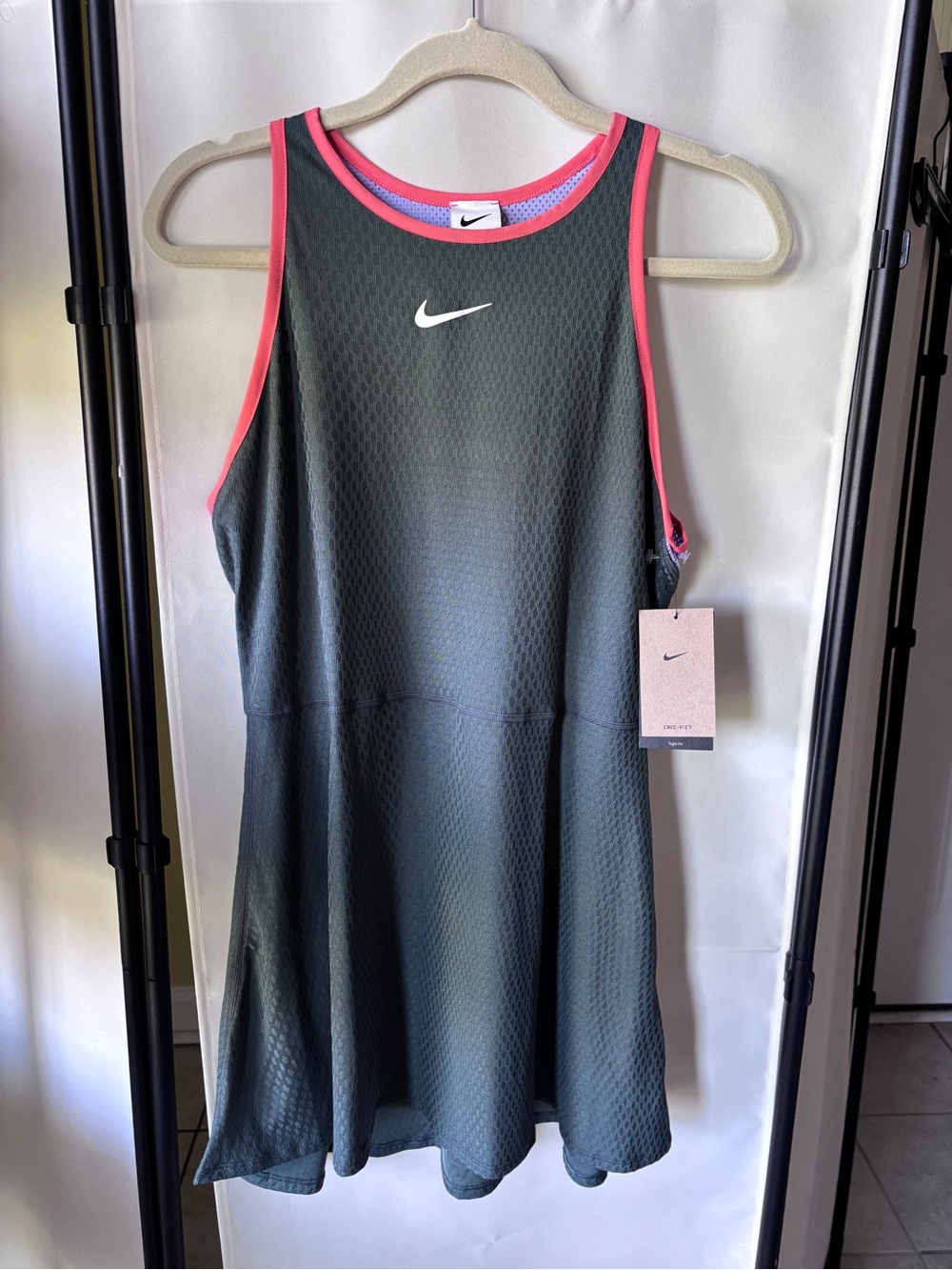 Nike NWT Dark Green Mesh Athletic Mini Dress with Pink Trim